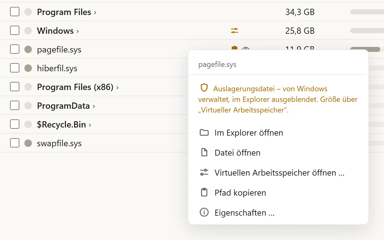 Kontextmenü zur Auslagerungsdatei pagefile.sys mit Hinweis und Aktionen