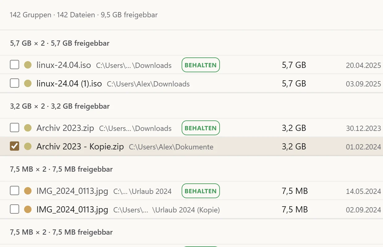 Duplikat-Gruppen mit der zu behaltenden Kopie und den ausgewählten Duplikaten