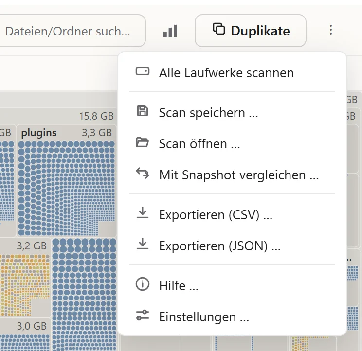 Das ⋮-Menü: Alle Laufwerke scannen, Snapshots, Export, Hilfe und Einstellungen